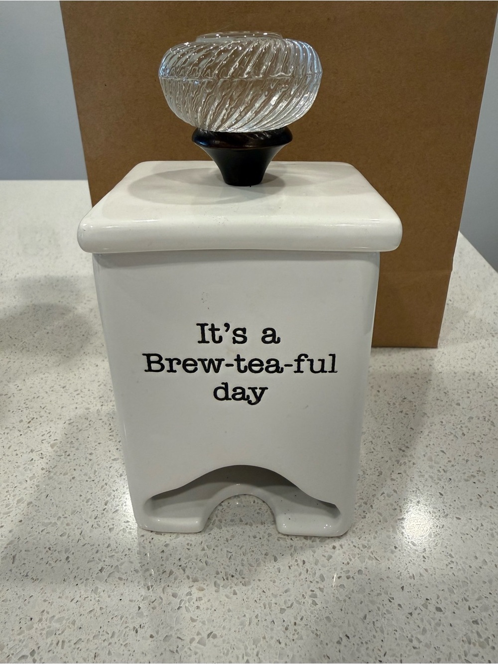 White Ceramic Tea Bag Holder with Glass Knob - "It's a Brew-tea-ful Day"